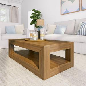 Plank+Beam 40" Modern Rectangular Coffee Table with Shelf, Solid Wood Center Table with Storage, 2 Tier Tea Table for Living Room, Pecan Wirebrush