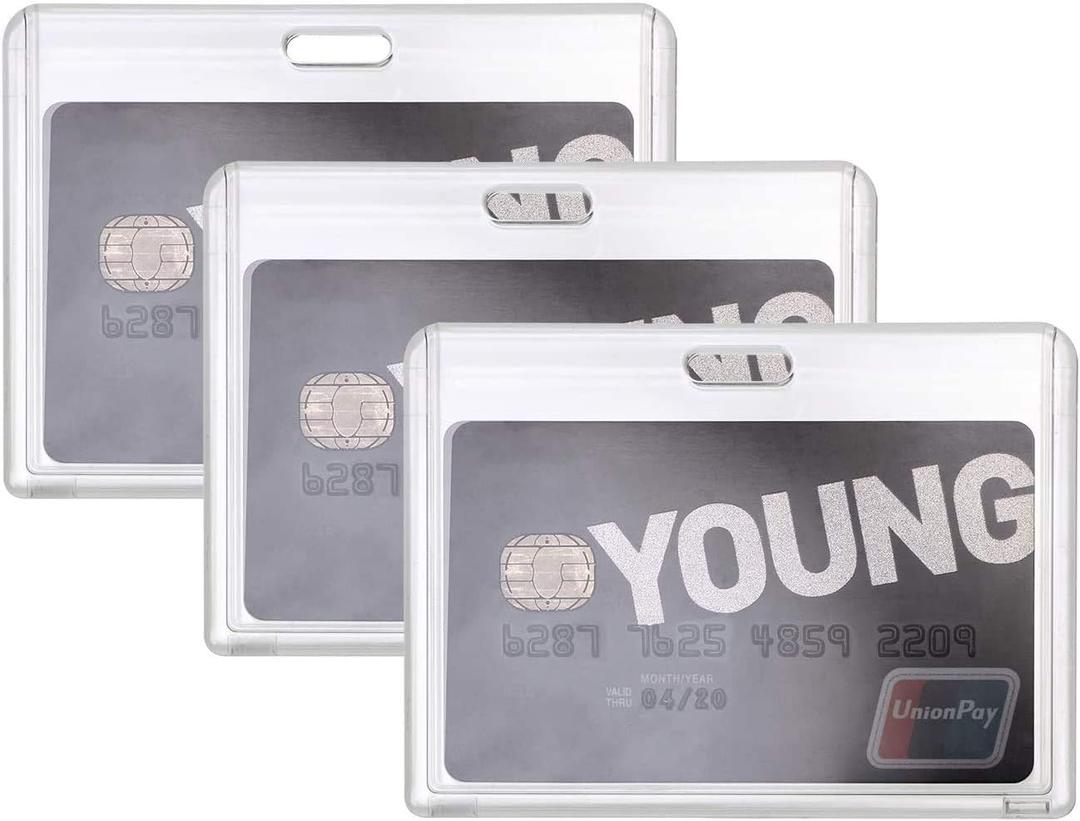 ONLYKXY 3 Pack Office Badge Holder, Horizontal Style, Hard Plastic ID Card Cover, Clear Name Card Holder