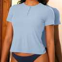 BAMBOO COOL Womens Henley T Shirts Short Sleeve Slim-Fit Tees Tops for Women Trendy Fashion Blouse (Large, Blue)