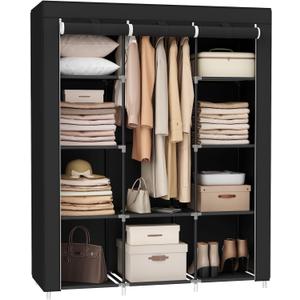 SONGMICS Portable Closet, Clothes Storage Organizer with 10 Shelves, 1 Clothes Hanging Rail, Non-Woven Fabric Closet, Metal Frame, 51 x 17.7 x 66.1 Inches, Black URYG93BK