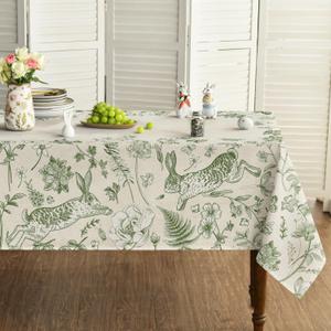 Horaldaily Easter Tablecloth 6084 Inch Rectangular, Beige Easter Bunny Green Fern Flowers Washable Seasonal Table Cover for Party Picnic Dinner Decor