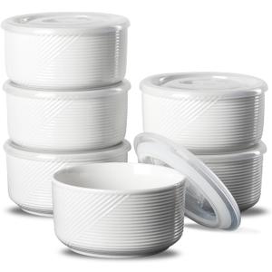Ceramic Bowls with Lids: 20 oz Microwave Safe Food Storage Containers for Soup, Salad, Cereal, Leftovers, Meal Prep, Lunch, Picnic, Camping, Serving - Airtight, White, Set of 6