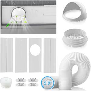 YJHome Portable AC Window Vent Kit with 5.9" Exhaust Hose & Universal Coupler, Air Conditioner Window Seal Kit with Plates, Upgraded Rain Cover, Portable Air Conditioner Window Kit for Sliding Window, 17-64in