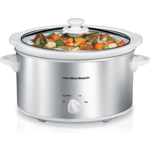 Hamilton Beach 4-Quart Slow Cooker with 3 Cooking Settings, Dishwasher-Safe Stoneware Crock & Glass Lid, Stainless Steel (33140G)