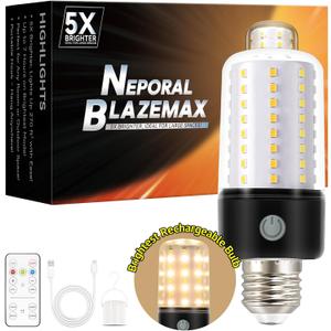 Neporal BlazeMax Rechargeable Light Bulbs with Remote, Wide Dimming Range Bright Battery Operated Light Bulb with Remote for Sconces, Dimmable Bombillos Recargable, 3 Colors, 4 Level Timer, E26 (A19)
