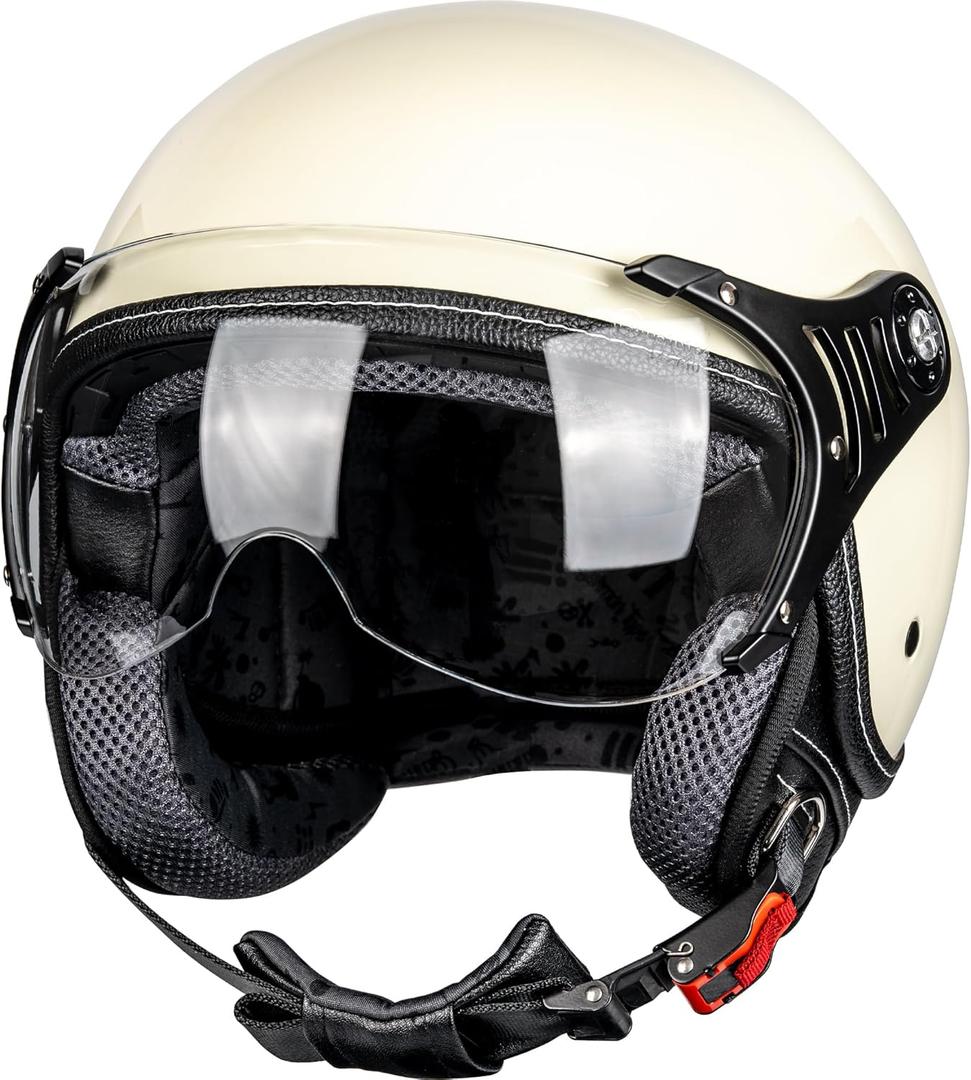 Yesmotor 3/4 Motorcycle Helmets Retro Open Face Vespa Scooters Helmet with Clear Visor for Men and Women- DOT Approved, Medium, White