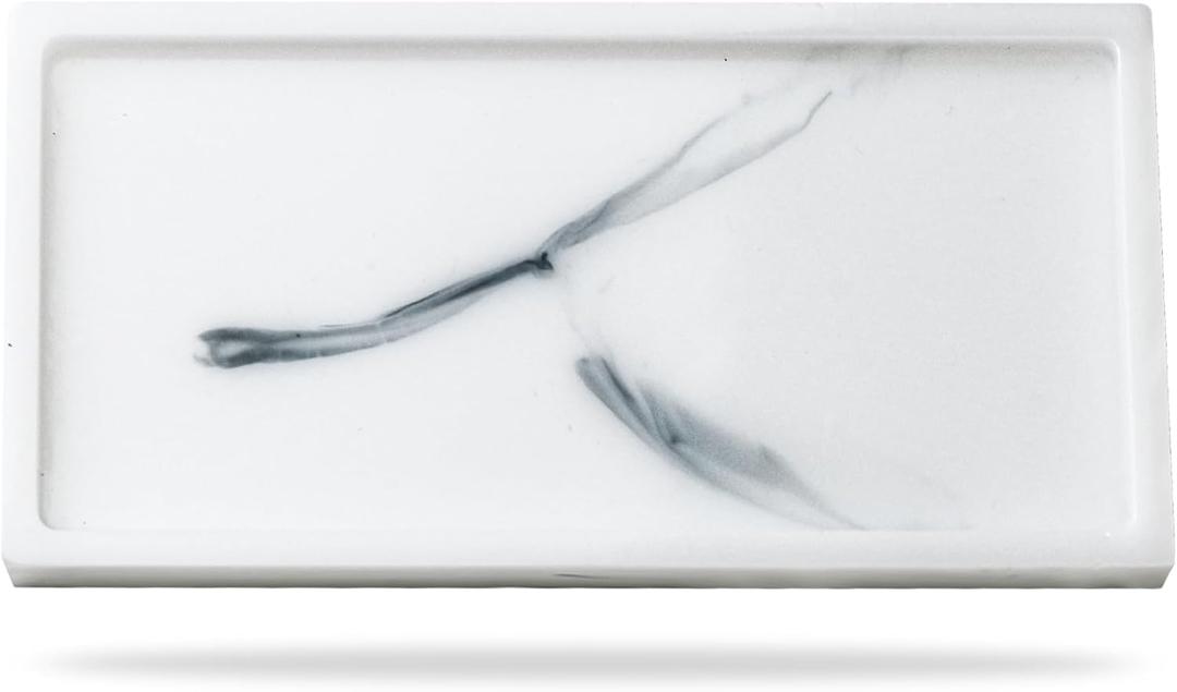 Vanity Trays for Bathroom: Rectangle Resin Toliet Tank Tray - Small Soap Dispenser Tray with Nonslip Pads - Marble White Decorative Tray for Dresser (Small(7.1*3.7*0.5inch))
