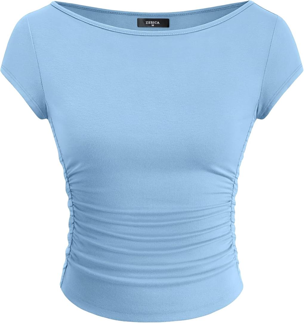 ZESICA Women's Summer Boat Neck Short Sleeve T Shirts 2026 Spring Slim Fit Y2k Going Out Crop Tops Basic Trendy Outfits, Blue, M (Blue, M)
