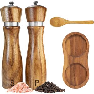 Wooden Salt and Pepper Grinder Set:Pepper Grinder Manual,Adjustable Coarseness,Crafted of Acacia Wood with Ceramic/Stainless Steel Core|Along with Salt&Pepper Mill Tray,Spoon, 8in, 2pack
