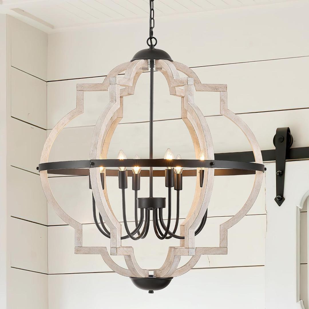 8-Light Wood Pendant Light,31.96'' Vintage Rustic White Wood Chandeliers,Retro Industrial Hanging Light Fixtures for Dining Room Entryway, Bedroom