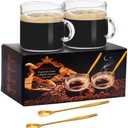 Mcupper 2 Pack Espresso Cups 4 OZ, Double Spouts Cups with Handle and 2 Stainless Steel Spoons, Espresso Shot Glasses, Milk Cup, Clear Glass for Espresso Machine