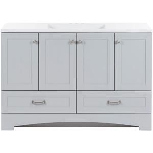 Spring Mill Cabinets Emlyn 48 Inch Bathroom Vanity with White Single-Sink Top, 3 Cabinets, 2 Shelves, 2 Drawers, 48.5" W x 18.75" D x 32.89" H, Pearl Gray