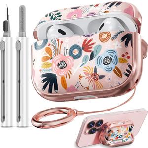 with Lock for Airpods Pro 2nd/1st Generation Case Cover, Flowers Cute AirPod Pro 2 Case Hard iPod Pro Cases for Women Girls with Cleaner Kit for AirPod Pro Cases (2023 USB-C /2022/2019) - Pink (Pink Flowers)