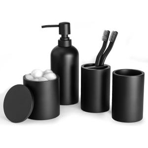 Bathroom Accessory Set - 4 Pcs Matte Black Bathroom Set with Toothbrush Holder, Soap Dispenser, Tumbler & Cotton Swab Jar - Bathroom Vanity Countertop Organizer, Bathroom Decor Sets