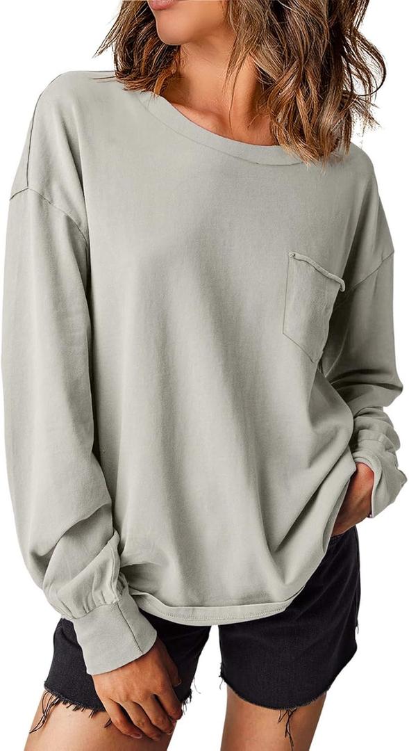 EVALESS Long Sleeve Shirts for Women Spring Summer Fashion 2025 Cotton Crewneck Tops Oversized Tshirts Basic Tee Shirts (Small, Grey)