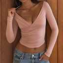 Women Off Shoulder Wrap Tops Long Sleeve Solid Color Slim Fitted T-Shirt Ruched Crop Tops (Pink, S)