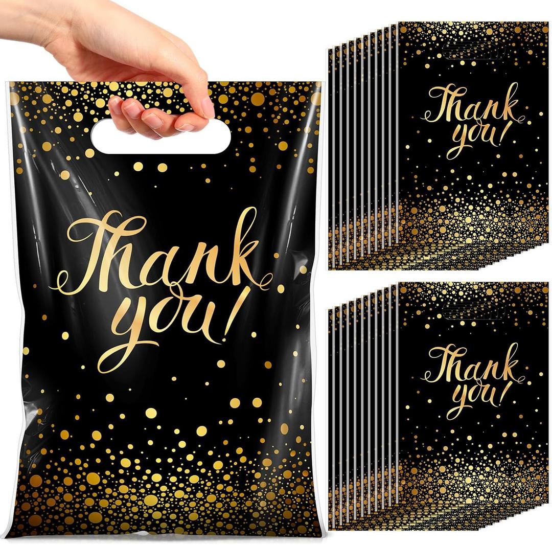 Pajean 100 Pcs Thank You Gift Bags Bulk Black and Gold Plastic Bags with Handles Black Goodie Treat Shopping Wrap for Birthday Party Favors Small Business Merchandise Graduation, 6.7" x 9.8"