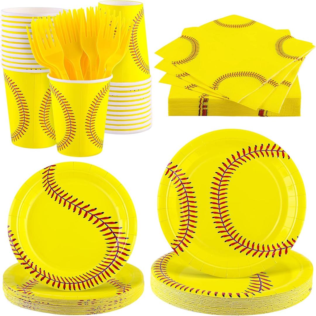 durony 144 Pieces Softball Paper Plates and Napkins Dinnerware Set Softball Birthday Party Tableware Supplies Includes Paper Plates Napkins Forks Serve 24 for Sports Party Supplies
