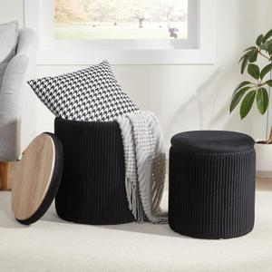 Round Ottoman with Storage Set of 2, Vanity Stool with Storage for Bedroom, Ottoman Coffee Table, Small Velvet Foot Stool for Living Room, Black