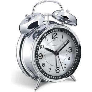 Peakeep Loud Alarm Clock for Heavy Sleepers Adults, Metal 4.5" Twin Bell Battery Operated Alarm Clocks for Bedrooms Decoration (Metal Silver)