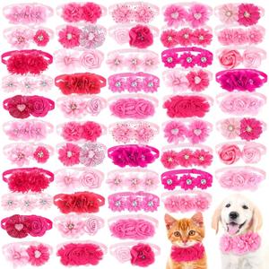 50 Pcs Valentine's Day Dog Collar Puppy Bows Pet Accessories Flower Bows for Small Medium Dogs Cat Puppy Bowties Pet Flowers Supplies Christmas Party Wedding(Pink and Rose Red)
