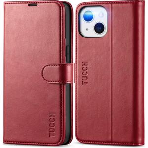 TUCCH Case Wallet for iPhone 13 6.1", Stand [RFID Blocking] [3 Card Holder] [TPU Shockproof Inner Shell], PU Leather Magnetic Protective Cover Compatible with iPhone 13 6.1" 2021, Dark Red