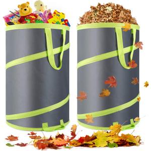 Resuable Leaf Bag 2 Pack, Collapsible Trash Can for Camping, Garden Waste Bag Pop Up, 120L Large Yard Waste Container with Drain Holes and Drawstrings for Windy Days