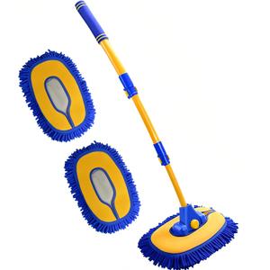 Upgrade Car Wash Brush with Long Handle,Chenille Microfiber Car Cleaning Brush Supplies Kit Car Wash Mop Accessories Car Washing Brush with Scratch-Free Replacement Head(Blue