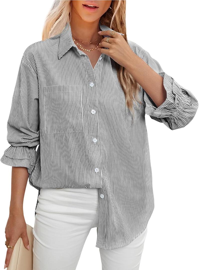 LEMAFER Women's Smocked Cuffed Stripe Boyfriend Button Down Shirts 2025 Collared Ruffle Sleeve Casual Top with Pockets