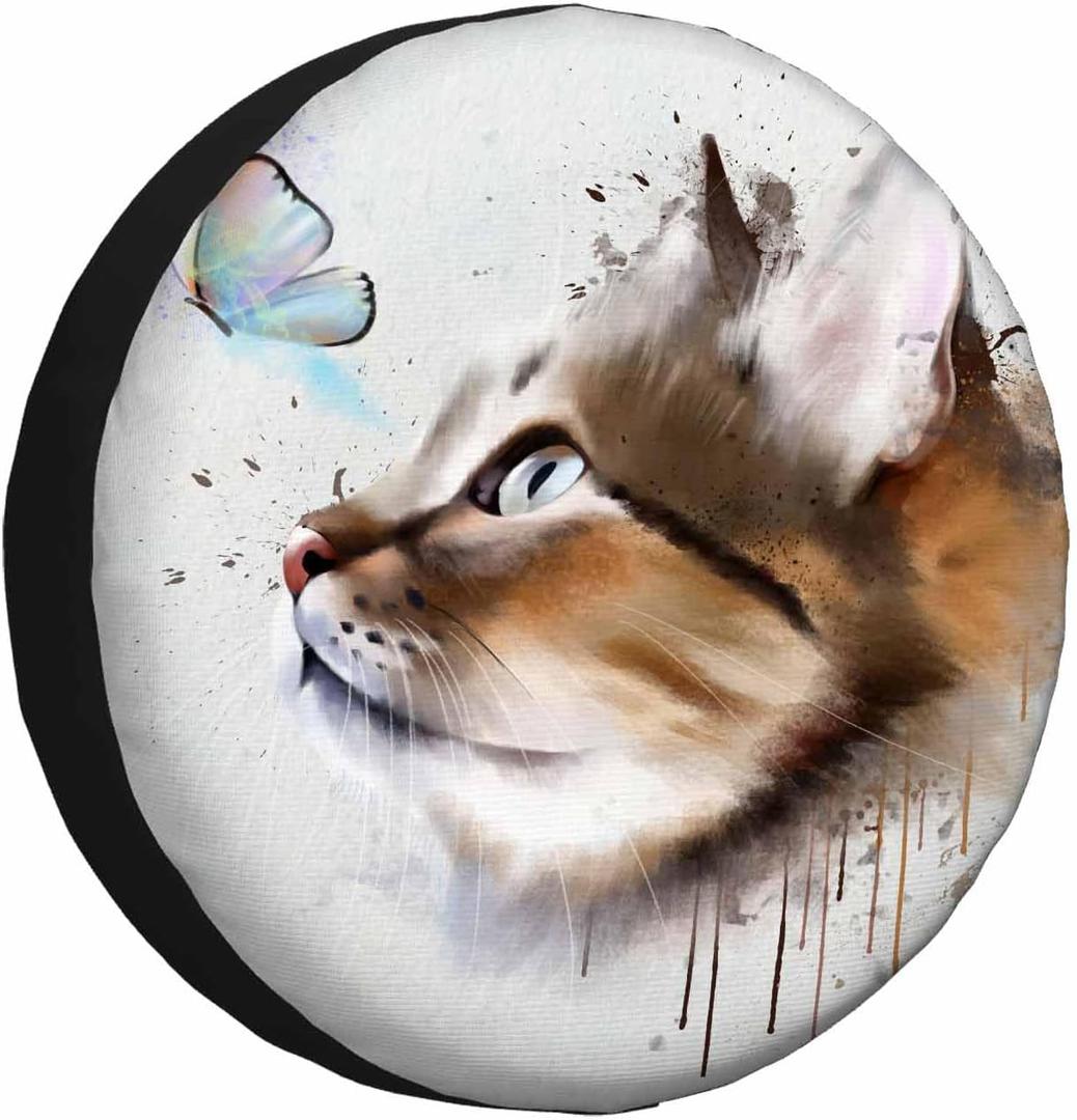 Cat and Butterflies Spare Tire Cover Watercolor Animal Cute Playful Kitten Weatherproof Universal Wheel Protectors Camper Tire Covers for Trailer Rv Travel(17 inch) (17" fits tire cover diameter 31"-35")