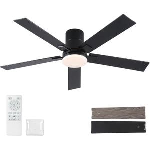 Rayqueen 52 Inch Ceiling Fans with Lights and Remote,Flush Mount Black Ceiling Fan,6 Speed Reversible DC Motor,3CCT Dimmable LED-Low Profile Design for Bedroom, Living room & Covered Outdoor