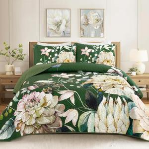 Drucon Floral Quilt King Size - 3 Pieces Green Quilt Botanical Bedspread Soft Lightweight Flower Bedding Set for All Season (104"x90")