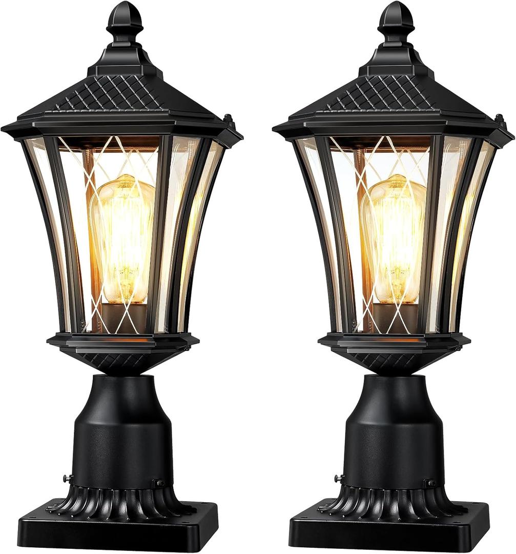 YSN Outdoor Post Lights 2 Pack, 16" Lamp Post Light Fixture, Black Pole Lights Outdoor, Waterproof Lamp Posts Outdoor Lighting with Pier Mount Base, Anti-rust Post Lamps for Outside Yard Garden Garage