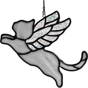 BOXCASA Iridescent Angel Wing Gray Cat Decor Stained Glass Suncatcher,Grey Cat Lover Memorial Gifts for Women,Stained Glass Window Hangings,Loss of Pet Sympathy Gift