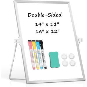 Dry Erase Magnetic White Board, 16" x 12" Double-Sided Desktop Whiteboard with Stand, Portable Small Whiteboard Set for Drawing, Office, Home, School