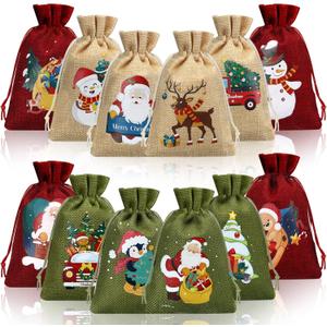 Nuogo 48 Pcs Christmas Burlap Gift Bags with Drawstrings, Linen Christmas Sack Small Goodie Bags Xmas Gift Wrap Sack for Xmas Party Favors Supplies, 12 Designs (Classic Style)
