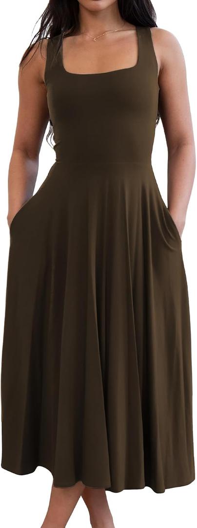 FairBeauty Women's Square Neck Casual Sleeveless Long Dress Stretchy Summer Sundress with Pockets (Brown, S)
