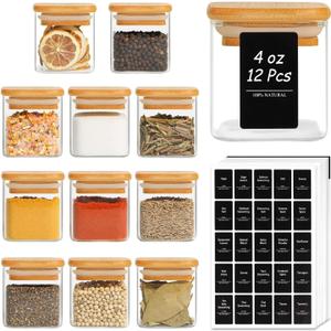 ComSaf 12Pcs Glass Spice Jars with Bamboo Lid, 4oz Airtight Square Spice Containers with 275 Black Lables, Empty Seasoning Jars for Spice Salt Sugar
