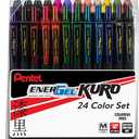 Pentel EnerGel Kuro Liquid Gel Pen, (0.7mm) Medium line, Assorted Ink, 24-pk