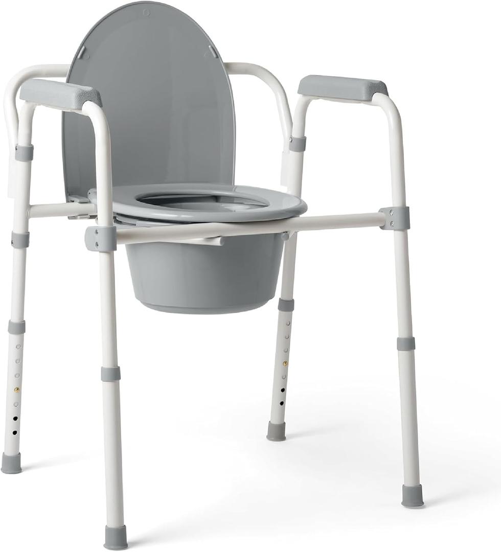 Medline Folding Steel Bedside Commode, Elongated Seat, 350 lb Capacity, 1 Count