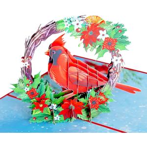 Red Cardinal Wreath Merry Christmas Cards 2025, Pop Up Christmas Cards w Envelope, 3D Xmas Card, Holiday Greeting Card Gifts for Her Him Wife Husband Family Son Mum Dad PQ