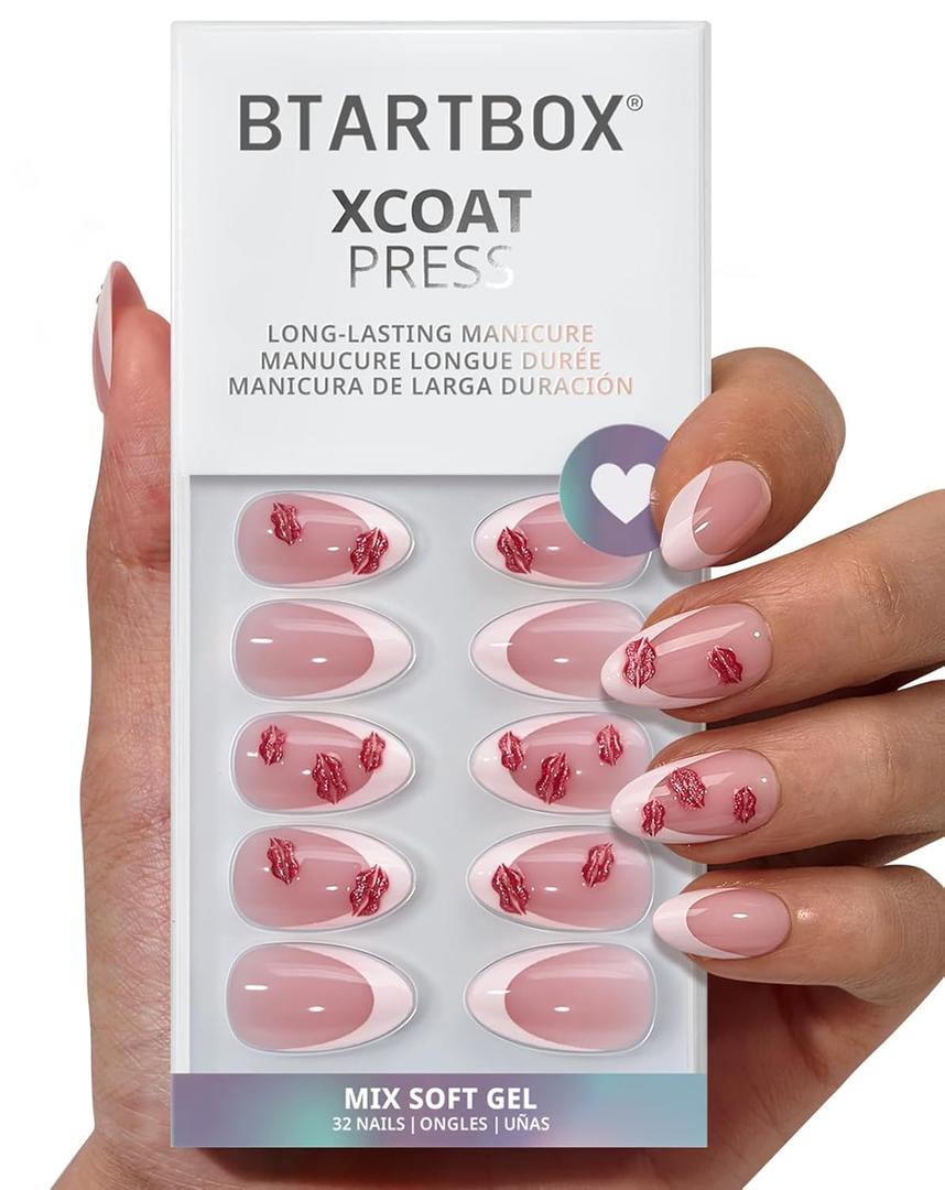 BTArtbox French Tip Press On Nails - Date Night, Lamp-Curable 3D Red Lips Short Almond Press On Nails with Glue and Adhesive Tabs for Women in 16 Sizes - 32 Nails All-in-One Kit