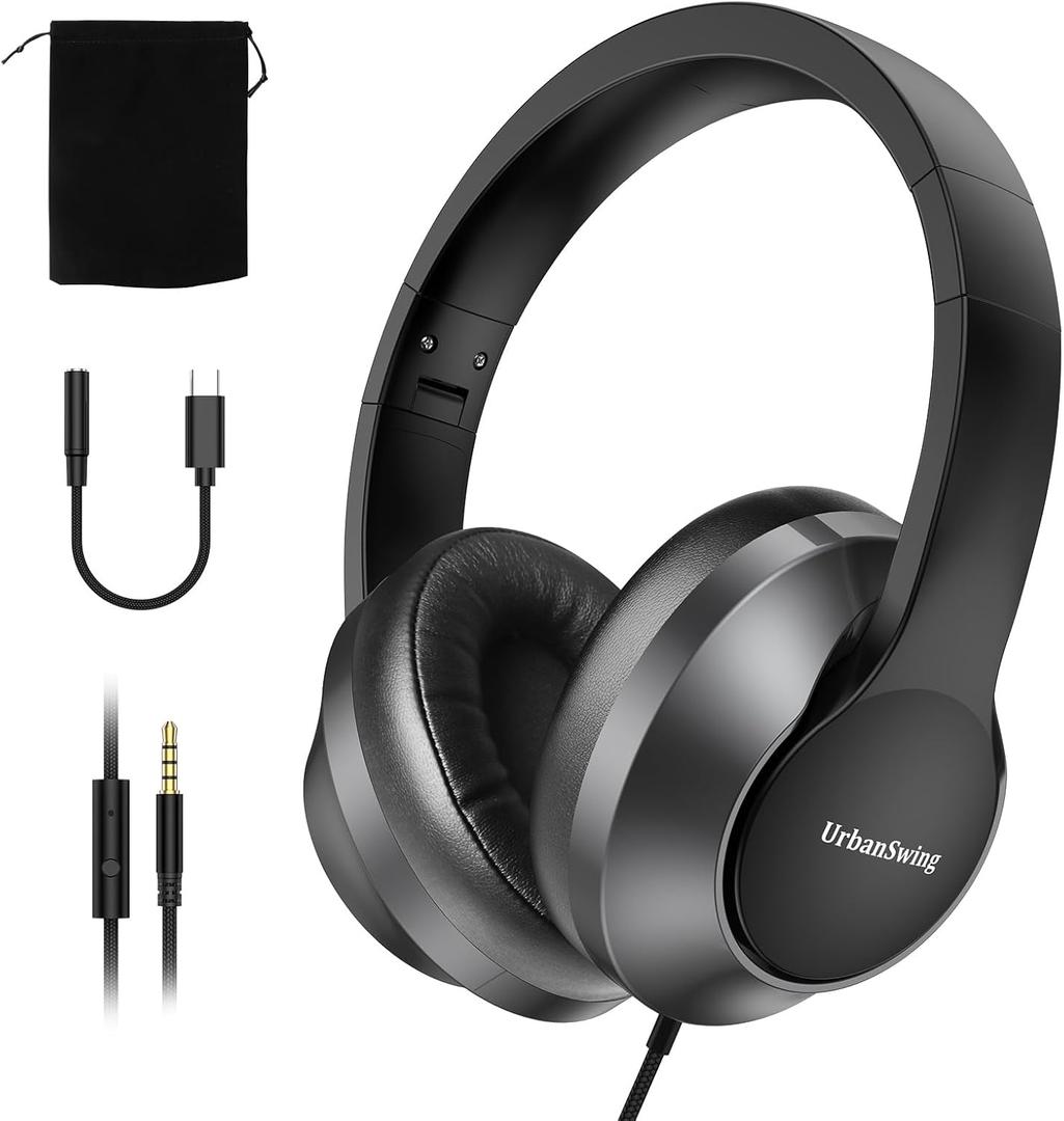 UrbanSwing W2 Wired Headphones with Mic, 3.5mm AUX & USB C Adapter, for iPhone 17 16 15, iPad, Samsung, Laptop, PC, inline Control, 4.9ft Long Wire, Velvet Pouch for Travel, Home Office, School, Black