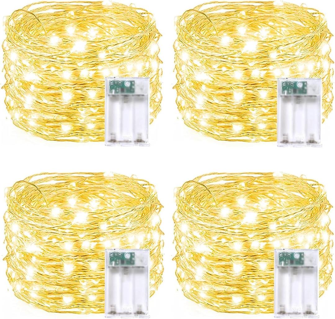 4 Pack 60 LED Fairy Lights Battery Operated with Timer, 20FT Waterproof Twinkle Lights Indoor Outdoor, Cuttable String Lights for Bedroom, Wedding, DIY, Centerpiece, Christmas Decorations (Warm White) (4PK60LED)