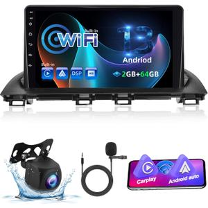 NHOPEEW [2+64G] Car Radio for Mazda 3 Axela 2014-2019 - 9 inch HD Touchscreen Android 13 DSP Audio - Wireless Carplay & Android Auto, GPS, WiFi, Mirror Link, SWC + AHD Backup Camera + Mouse