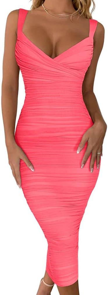 BEAGIMEG Women's Sexy Bodycon Sleeveless Ruched Mesh Club Party Midi Dress (Pink) Medium 