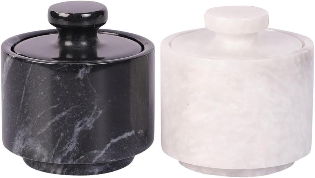 Marble Hives Marble Salt Cellar With Lid- Pack Of 2 Marble Salt And Pepper Bowls- Salt Holder With Lid To Put Salt, Paprika, Pepper, And Spice (White & Black, Style 01)
