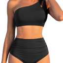 Women High Waisted Bikini - One Shoulder Bathing Suit Tummy Control Two Piece Swimsuit 2025 (Medium, Black)