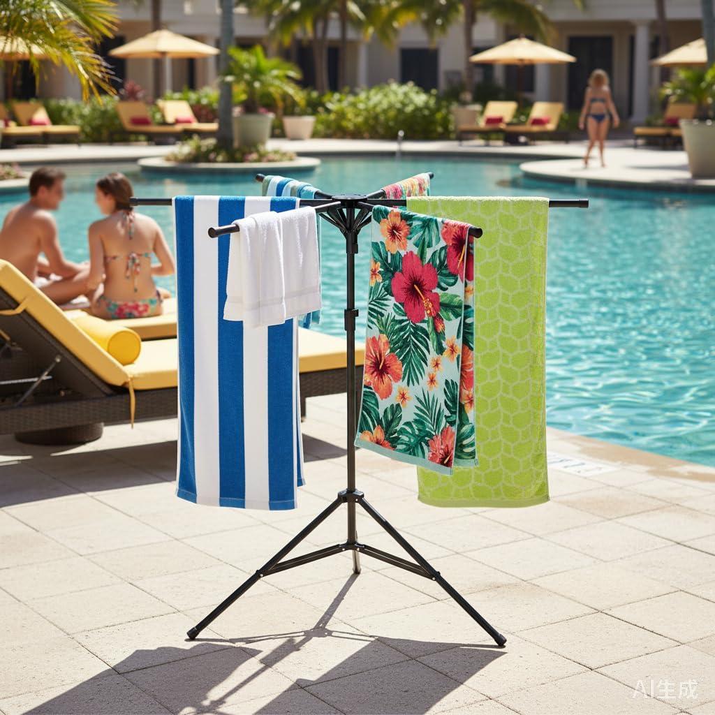 CozyNova Pool Towel Rack Outdoor – Adjustable 51-71 Inch Freestanding Pool Float Storage Rack with 6 Foldable Arms, for Towels & Swim Gear
