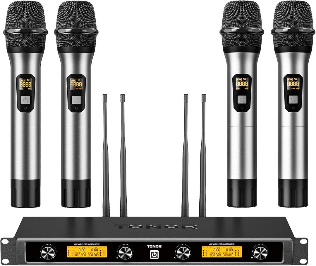TONOR Wireless Microphones System, 4x5 Channel UHF Wireless Mic, 4 Handheld Adjustable Frequency Metal Cordless Dynamic Mic, Multiset Operation, 90 m Ideal for Karaoke Singing Wedding Church, Silver